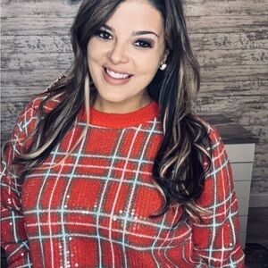 Red Crew Neck Sweater with Festive Plaid Design